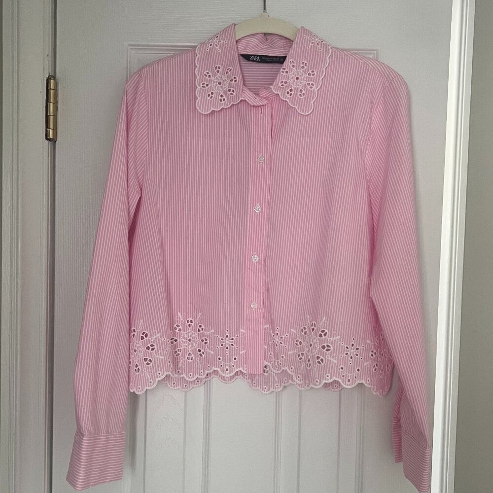 ZARA Pink Striped Eyelet Lace Collar Button-Down Shirt | Size S - Picture 2 of 5